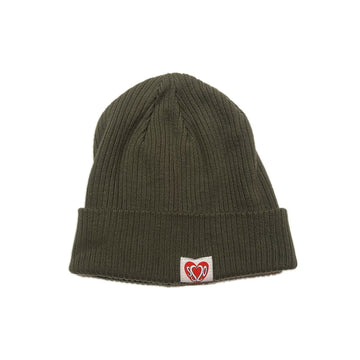 SS20 Heart Patch Organic Cotton Ribbed Beanie - Olive