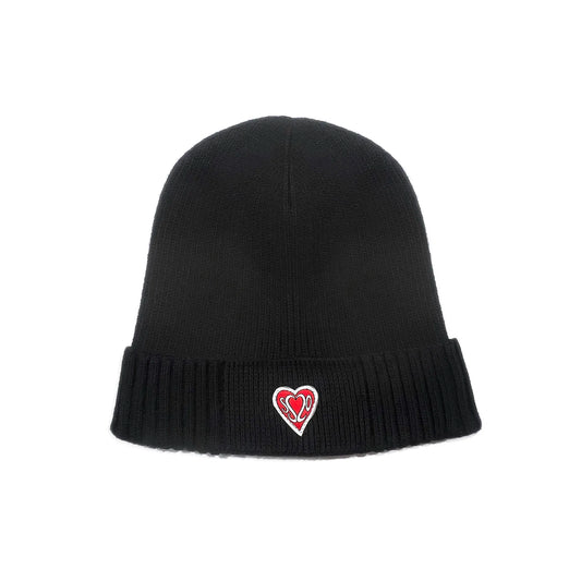 SS20 Heart Patch Organic Cotton Ribbed Beanie - Black